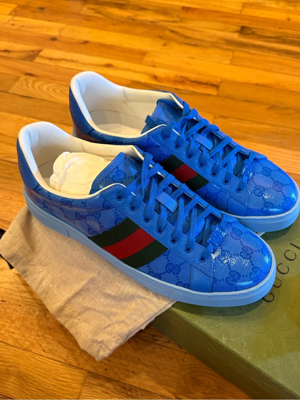 New Gucci Men’s Blue GG Pattern Ace Sneaker with Red-Green Web